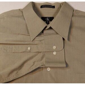 CK by CALVIN KLEIN STRIPED  Button Up Mens Shirt Size 18x34/35 Color-Khaki